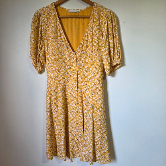 EUC ABERCROMBIE & FITCH YELLOW DITSY FLORAL V NECK BUTTON DOWN SHORT DRESS SZ SM - Picture 1 of 15